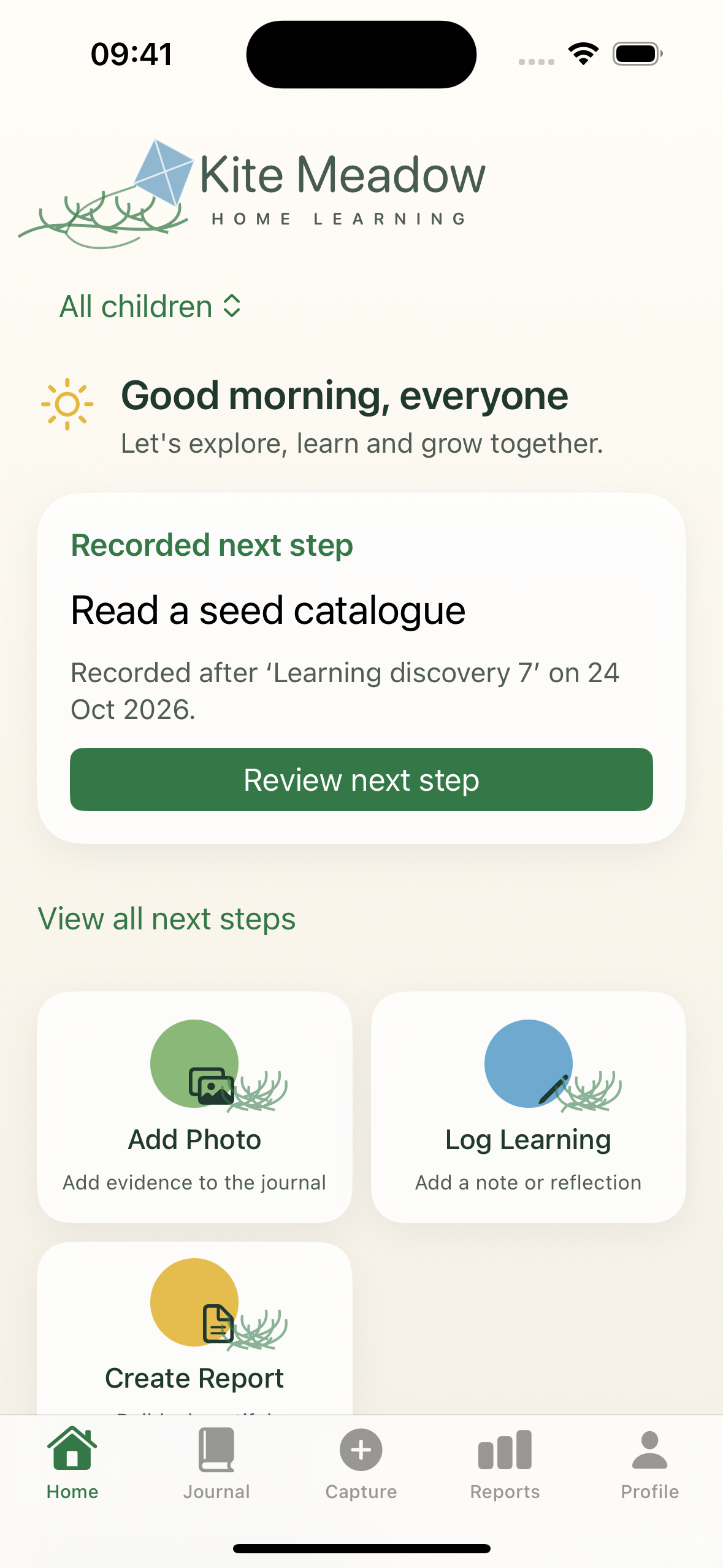 Kite Meadow iPhone app showing a learning next step, photo capture, learning notes, and reports